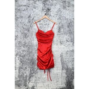 New Oh Polly Red Satin Ruched Mini Cocktail Party Dress